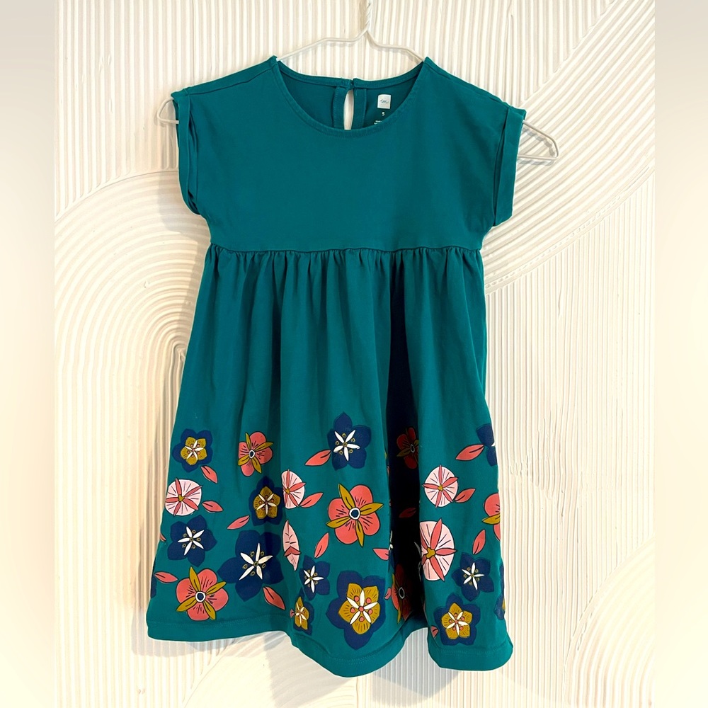 Tea Collection short sleeved girls jersey dress teal flower print size 5 5T